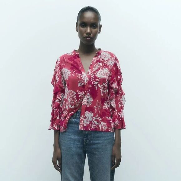 ZARA PRINTED TOP WITH RUFFLES - Picture 6 of 11
